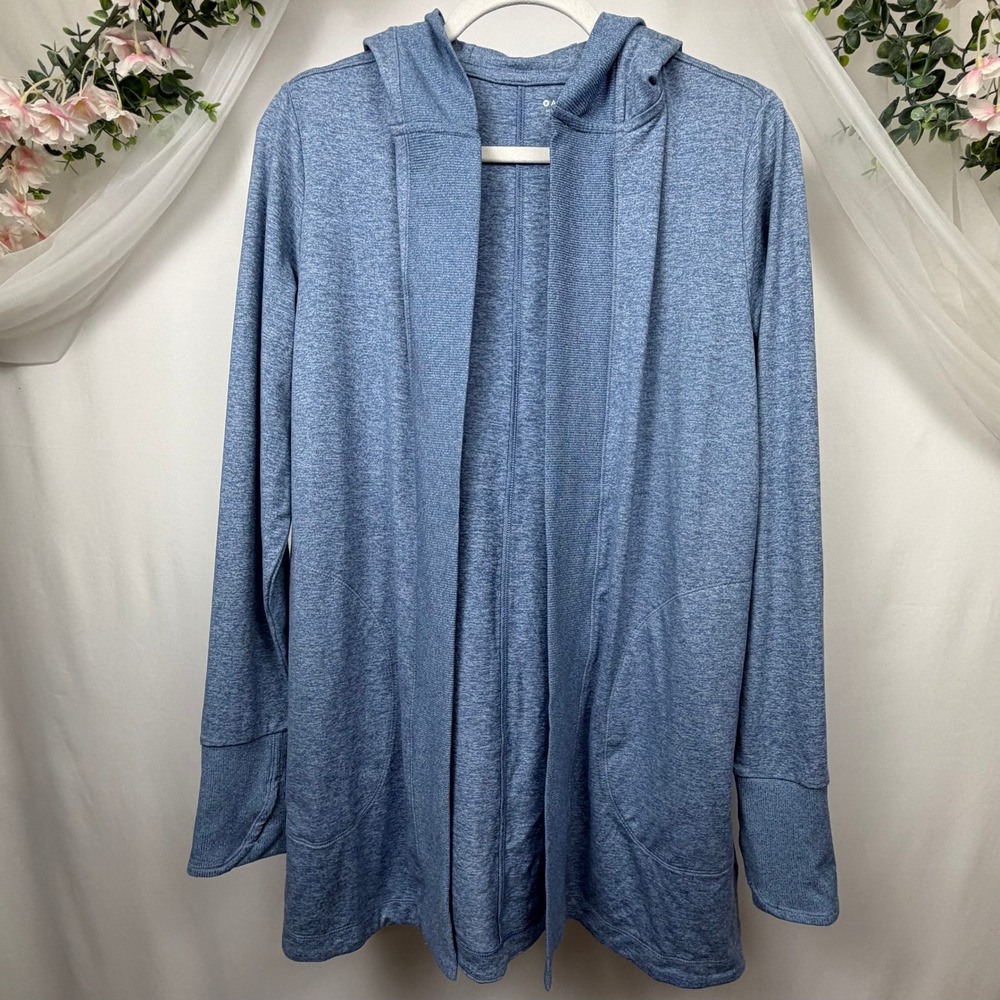 Athleta Uptempo Wrap Cardigan Blue Heather Hooded Thumbhole Pockets Small